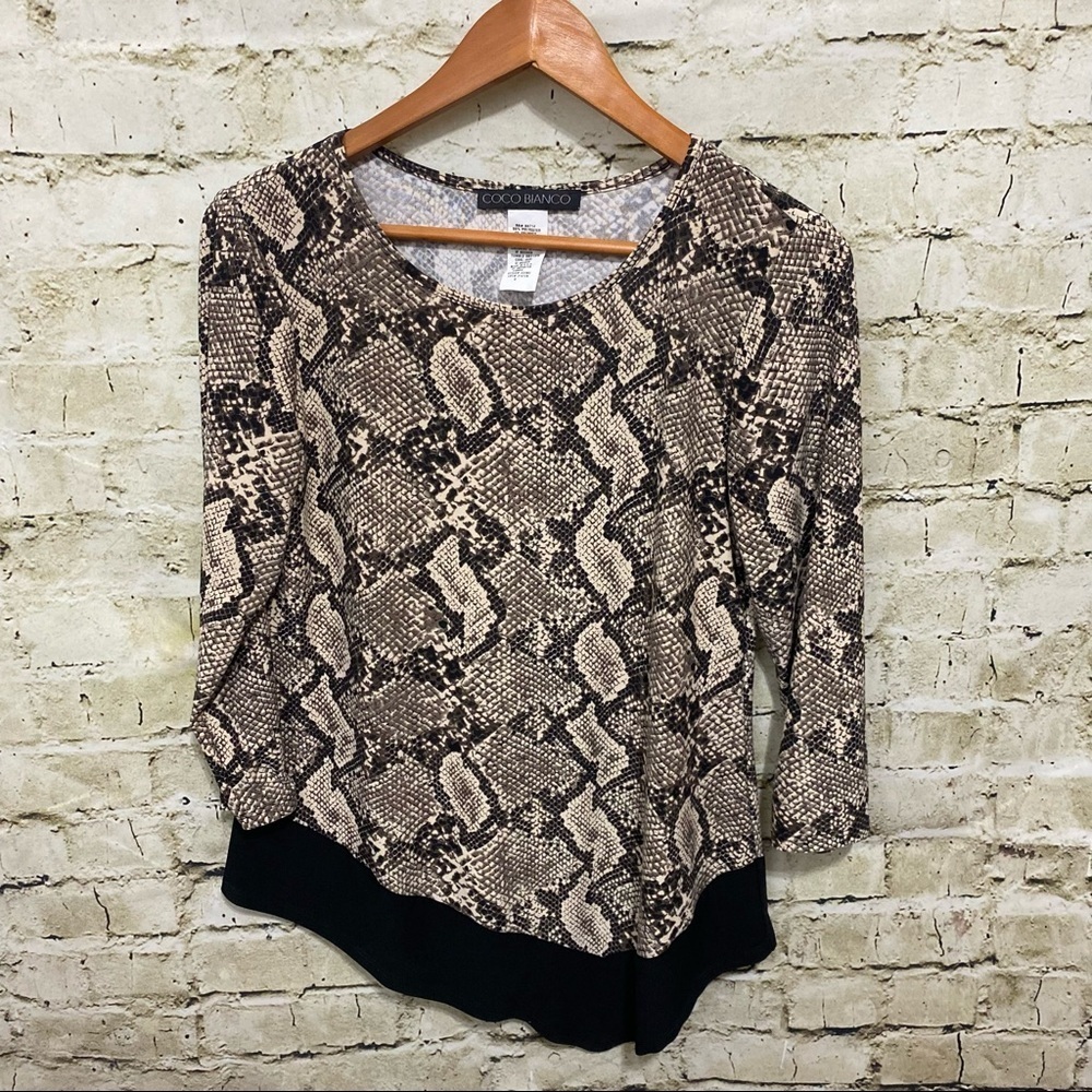 Coco Bianco Black Brown Snakeskin‎ Print Asymetrical Hem Blouse